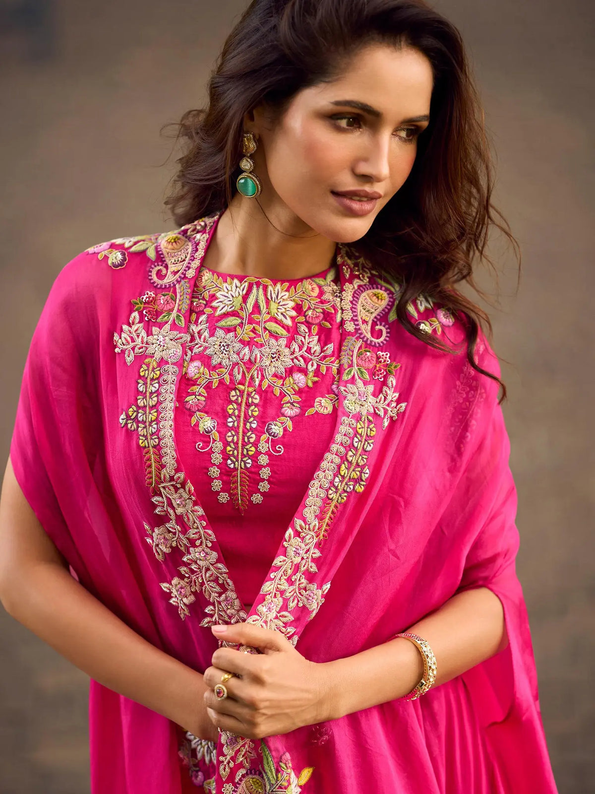 Fuchsia Pink Embroidered Georgette Jacket Lehenga Set - View 2