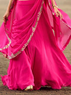 Fuchsia Pink Embroidered Georgette Jacket Lehenga Set - View 3