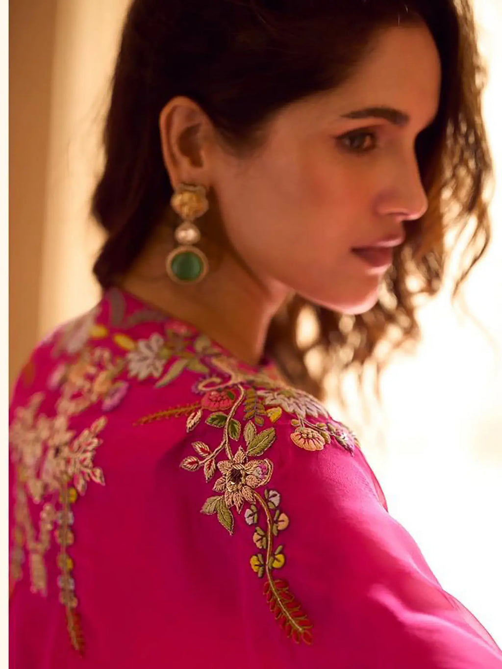 Fuchsia Pink Embroidered Georgette Jacket Lehenga Set - View 4