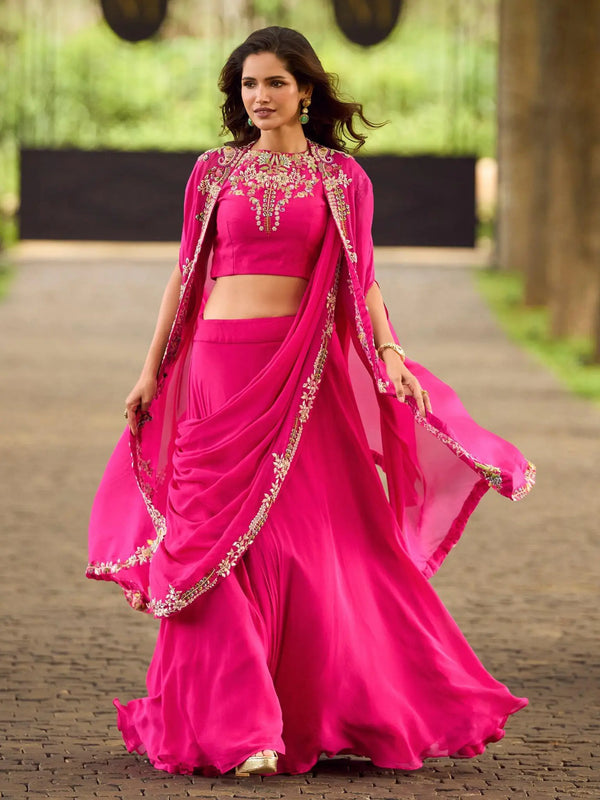 Fuchsia Pink Embroidered Georgette Jacket Lehenga Set - View 1