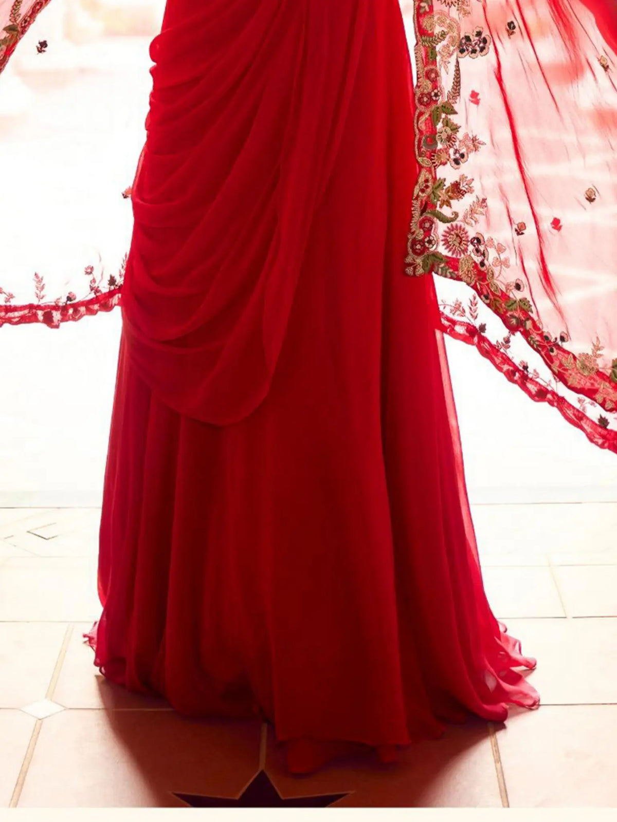 Crimson Red Embroidered Georgette Cape Jacket Lehenga Set - View 3