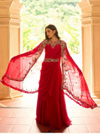 Crimson Red Embroidered Georgette Cape Jacket Lehenga Set - View 4