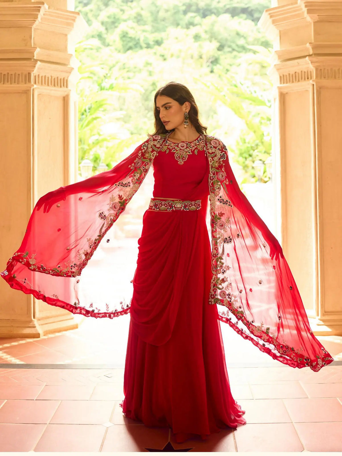 Crimson Red Embroidered Georgette Cape Jacket Lehenga Set - View 4