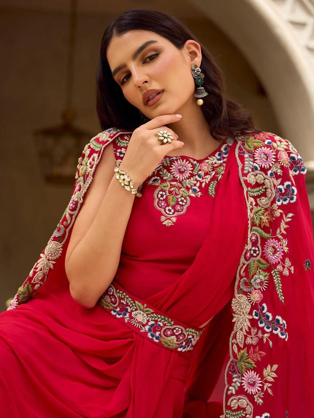 Crimson Red Embroidered Georgette Cape Jacket Lehenga Set - View 5
