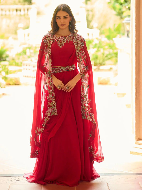 Crimson Red Embroidered Georgette Cape Jacket Lehenga Set - View 1