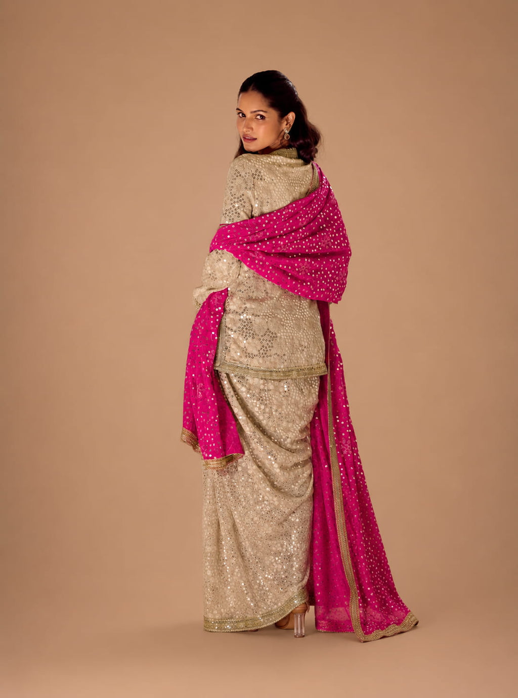 Champagne Gold Premium Georgette Heavy Hand Embroidered Indo Western Dhoti Pant Set with Hot Pink Dupatta image 2