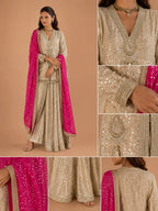 Champagne Gold Premium Georgette Heavy Hand Embroidered Indo Western Dhoti Pant Set with Hot Pink Dupatta image 3