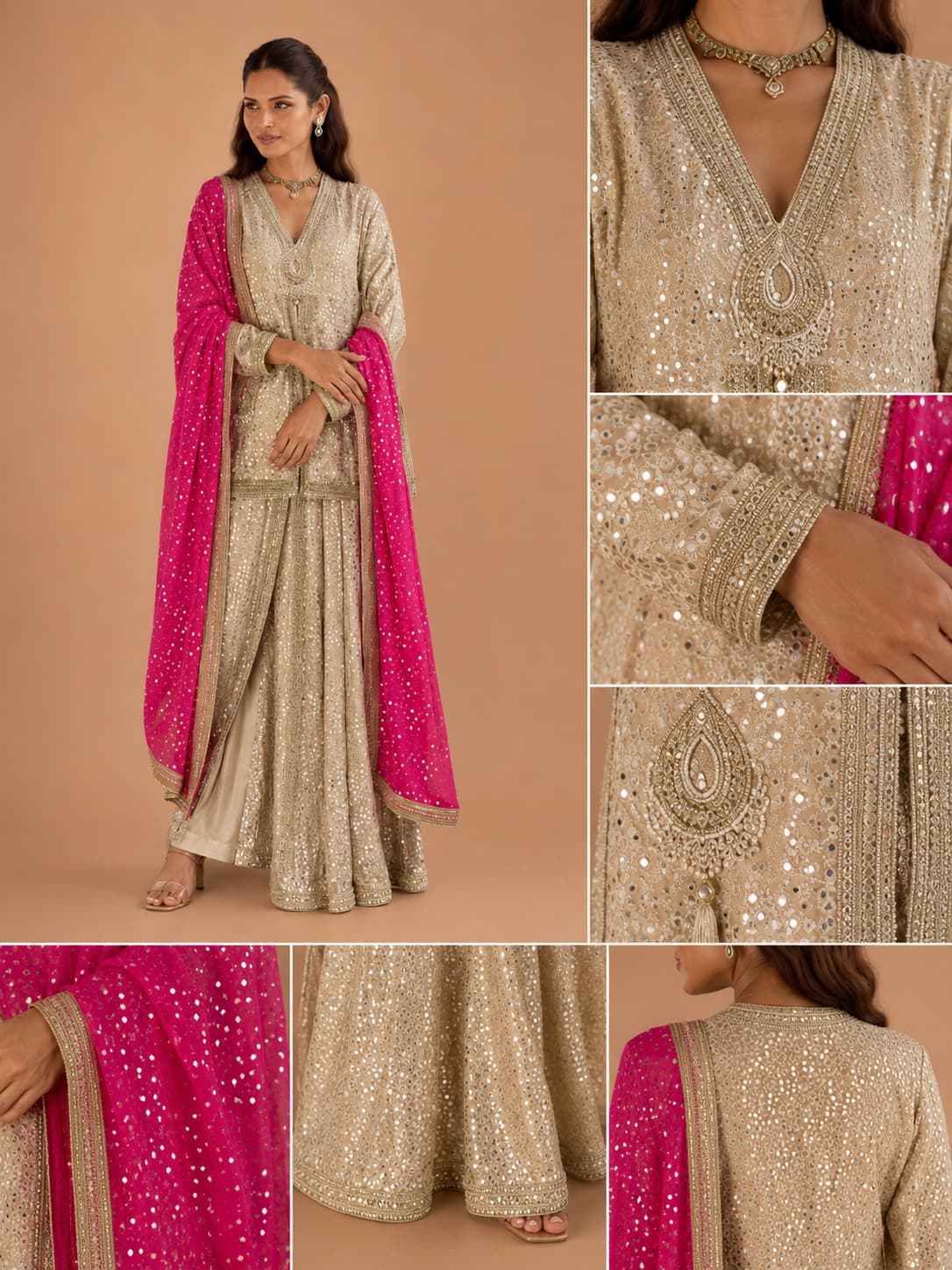 Champagne Gold Premium Georgette Heavy Hand Embroidered Indo Western Dhoti Pant Set with Hot Pink Dupatta image 3