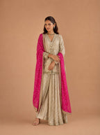 Champagne Gold Premium Georgette Heavy Hand Embroidered Indo Western Dhoti Pant Set with Hot Pink Dupatta front view