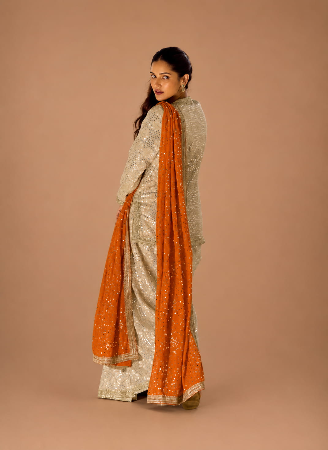 Champagne Gold Premium Georgette Heavy Hand Embroidered Indo Western Dhoti Pant Set with Orange Dupatta image 3