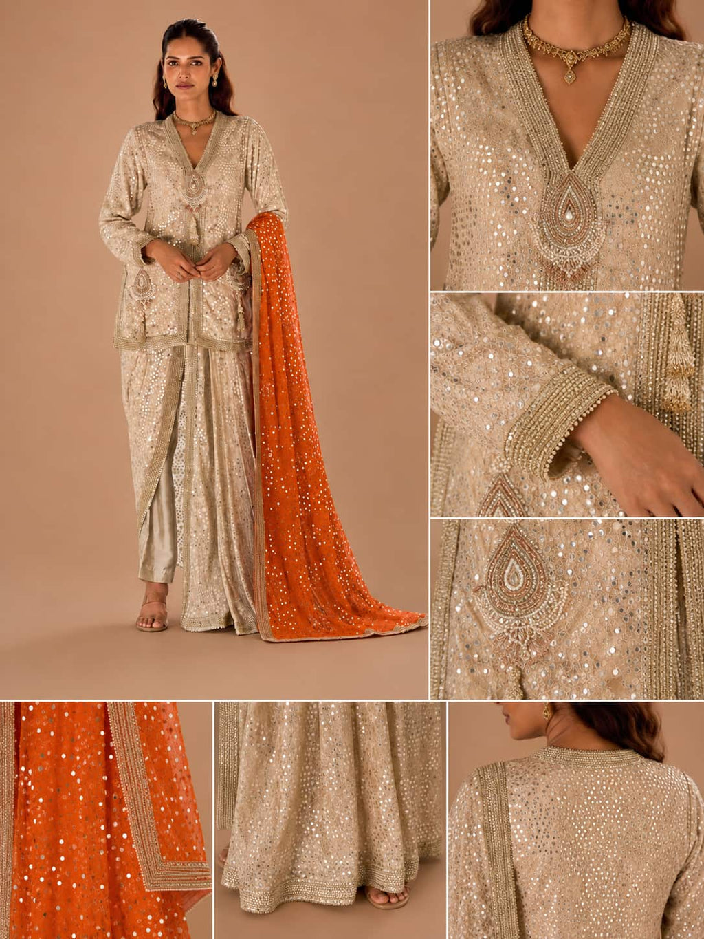 Champagne Gold Premium Georgette Heavy Hand Embroidered Indo Western Dhoti Pant Set with Orange Dupatta image 2