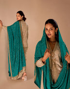 Champagne Gold Premium Georgette Heavy Hand Embroidered Indo Western Dhoti Pant Set with Teal Green Dupatta image 3