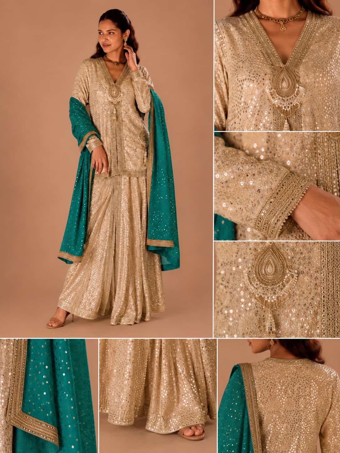 Champagne Gold Premium Georgette Heavy Hand Embroidered Indo Western Dhoti Pant Set with Teal Green Dupatta image 2
