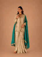 Champagne Gold Premium Georgette Heavy Hand Embroidered Indo Western Dhoti Pant Set with Teal Green Dupatta front view