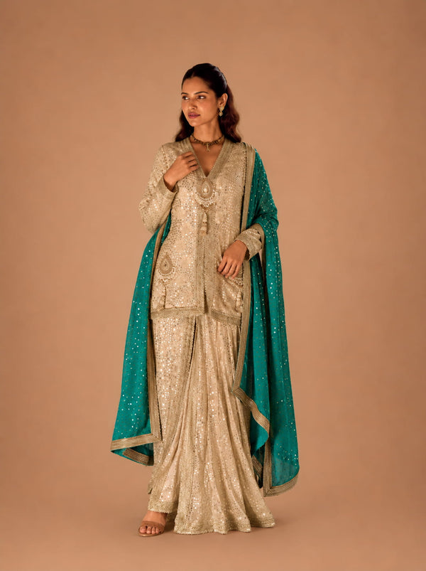 Champagne Gold Premium Georgette Heavy Hand Embroidered Indo Western Dhoti Pant Set with Teal Green Dupatta front view