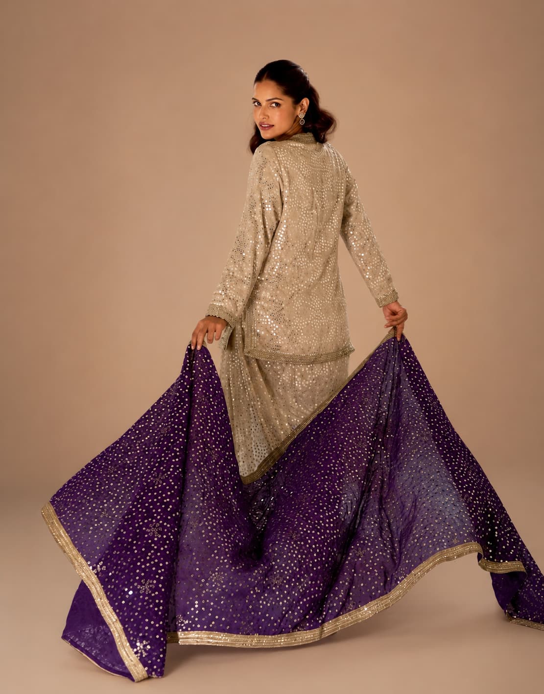Champagne Gold Heavy Hand Embroidered Indo Western Dhoti Pant Set with Purple Dupatta Front View