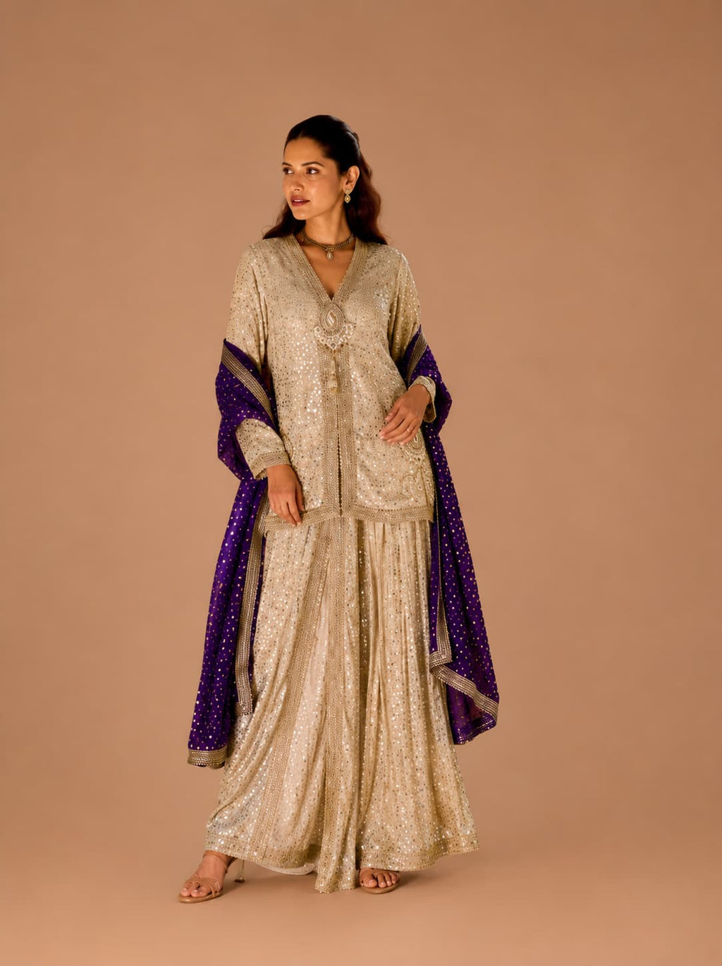 Champagne Gold Heavy Hand Embroidered Indo Western Dhoti Pant Set with Purple Dupatta Front View