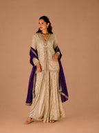 Champagne Gold Heavy Hand Embroidered Indo Western Dhoti Pant Set with Purple Dupatta Front View