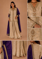 Champagne Gold Heavy Hand Embroidered Indo Western Dhoti Pant Set with Purple Dupatta Front View