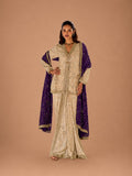 Champagne Gold Heavy Hand Embroidered Indo Western Dhoti Pant Set with Purple Dupatta Front View