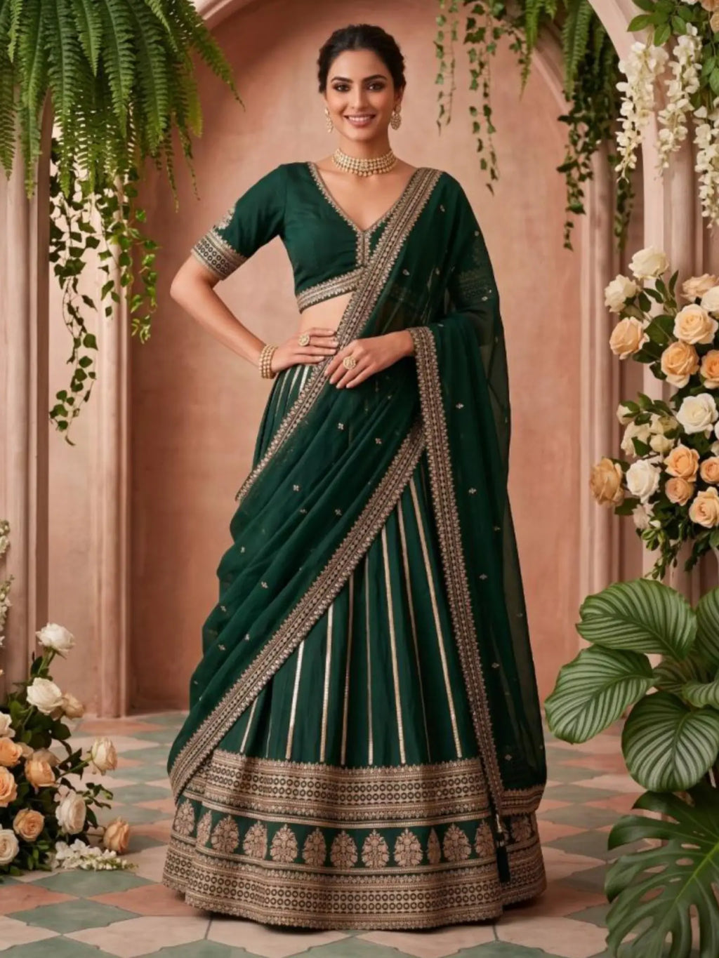 Emerald Green Heavy Zari Embroidered Silk Readymade Lehenga Choli - Front View