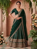 Emerald Green Heavy Zari Embroidered Silk Readymade Lehenga Choli - Front View