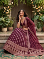 Wine Burgundy Heavy Zari Embroidered Silk Readymade Lehenga Choli - Angle View 3