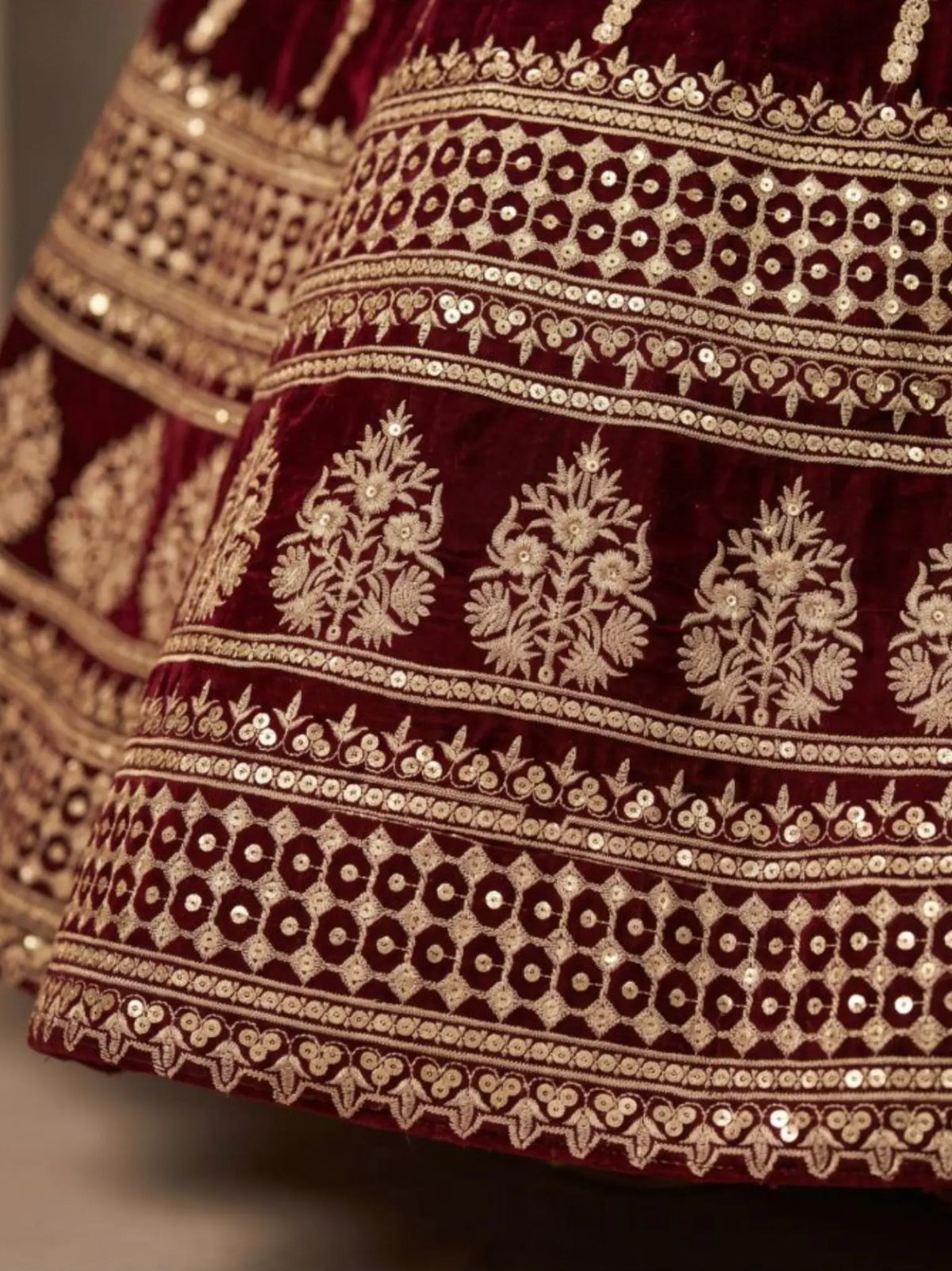 Wine Burgundy Heavy Zari Embroidered Silk Readymade Lehenga Choli - Angle View 4