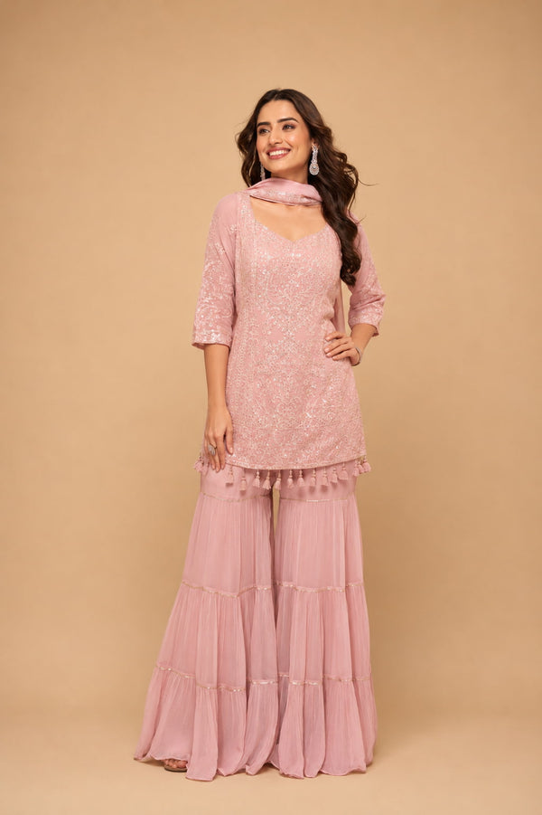 Blush Pink Chikankari Georgette Sharara Suit