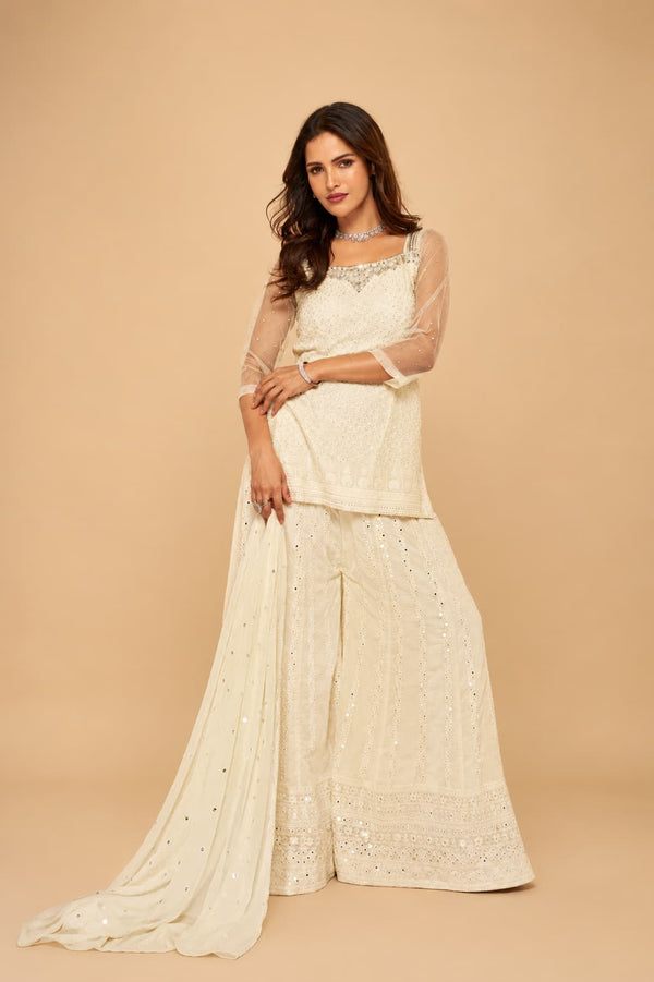 Ivory Cream Chikankari Georgette Sharara Suit