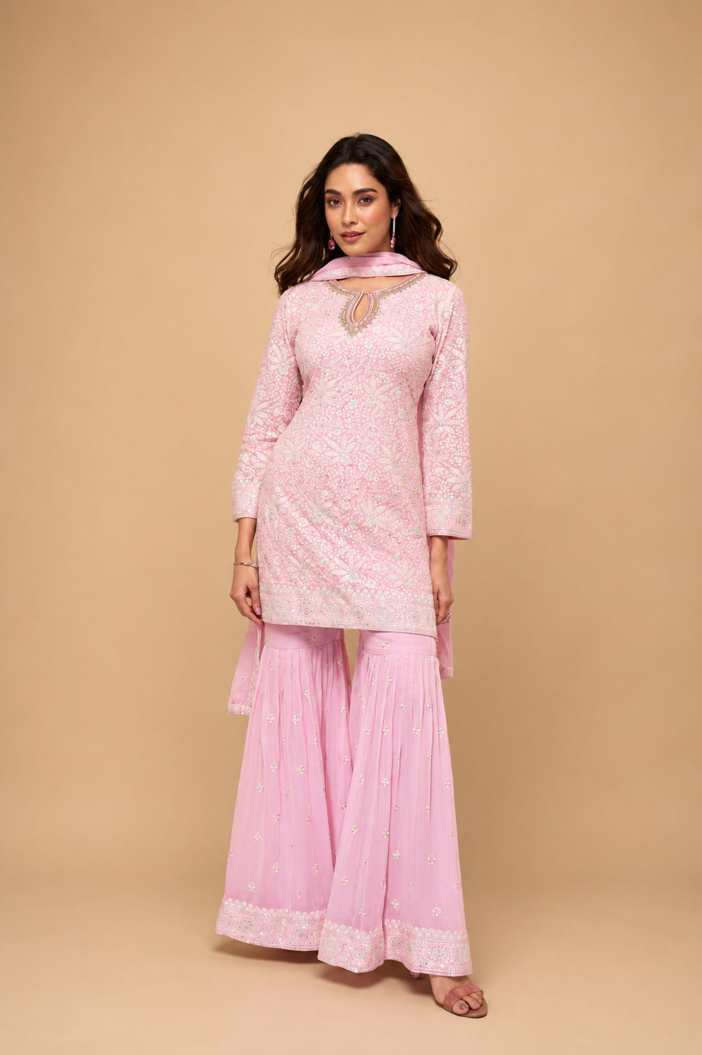 Baby Pink Premium Real Georgette Chikankari Embroidered Readymade Sharara Suit with Dupatta