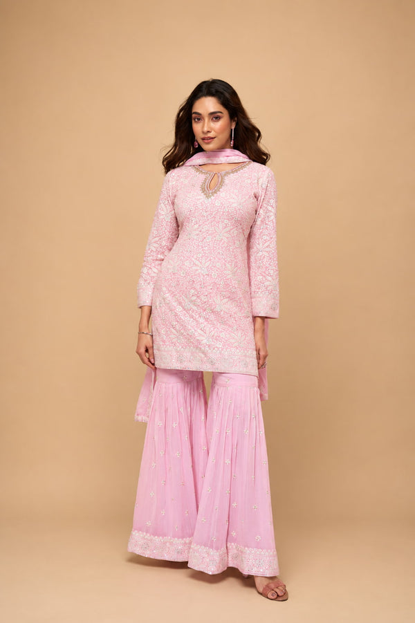 Baby Pink Chikankari Georgette Sharara Suit