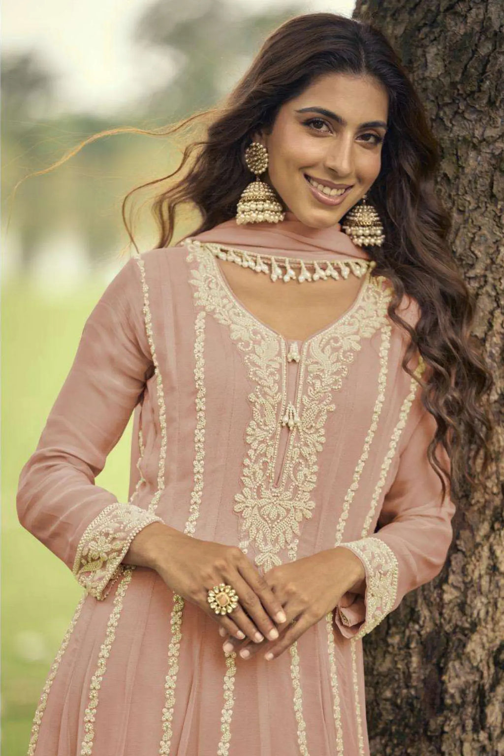 Dusty Peach Heavy Embroidered Georgette Short Anarkali Suit Set - View 2