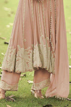 Dusty Peach Heavy Embroidered Georgette Short Anarkali Suit Set - View 3