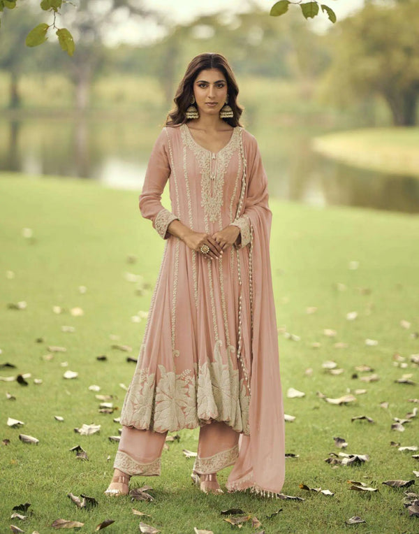 Dusty Peach Heavy Embroidered Georgette Short Anarkali Suit Set - View 1