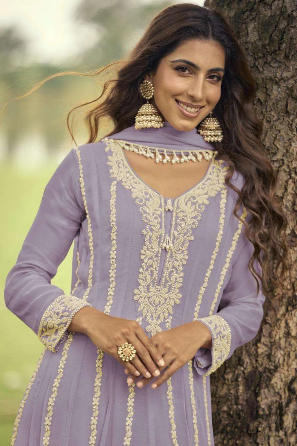Lavender Lilac Heavy Embroidered Georgette Short Anarkali Suit Set - View 2