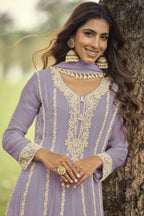 Lavender Lilac Heavy Embroidered Georgette Short Anarkali Suit Set - View 2
