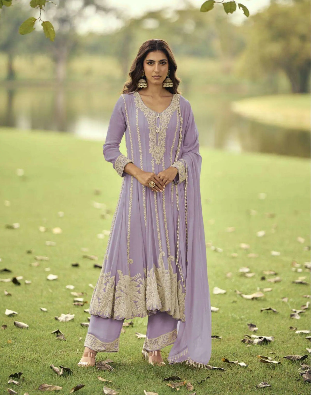 Lavender Lilac Heavy Embroidered Georgette Short Anarkali Suit Set - View 1