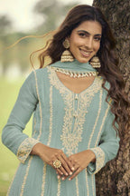 Sea Green Heavy Embroidered Georgette Short Anarkali Suit Set - View 2