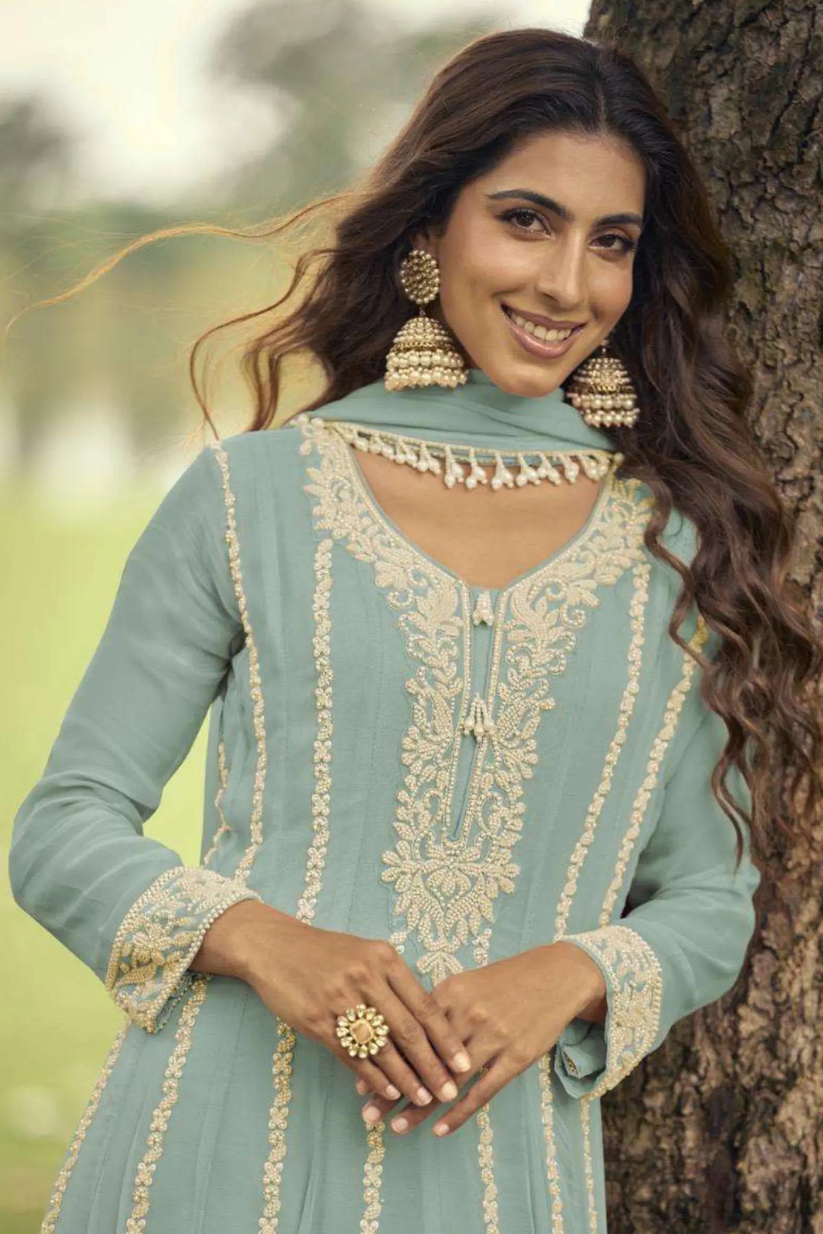 Sea Green Heavy Embroidered Georgette Short Anarkali Suit Set - View 2