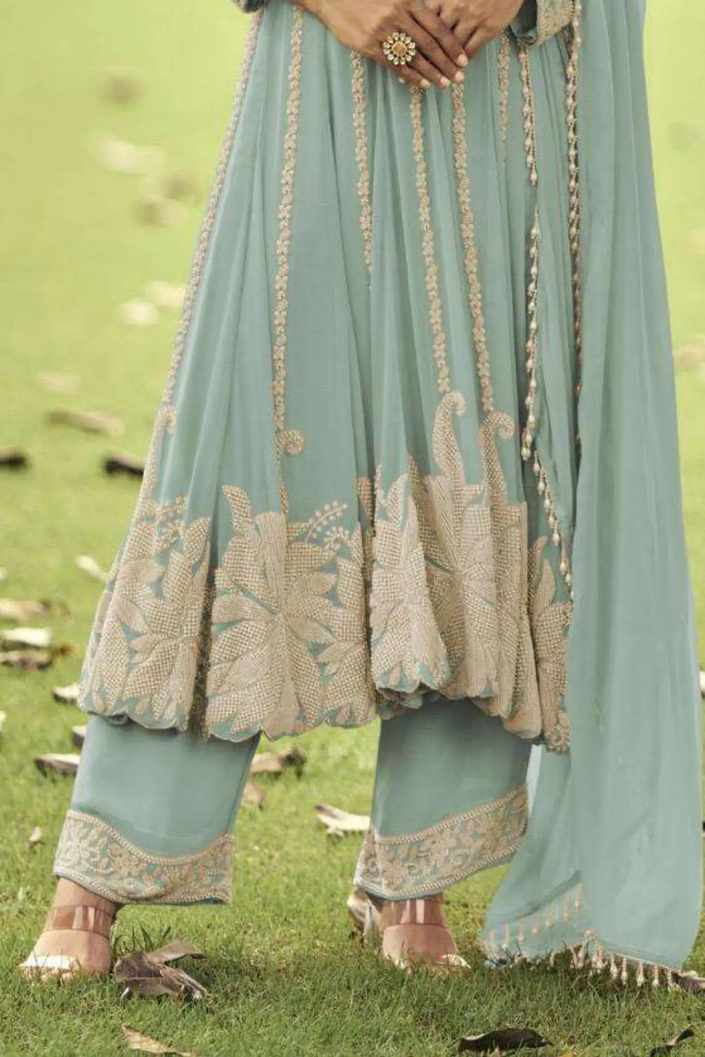 Sea Green Heavy Embroidered Georgette Short Anarkali Suit Set - View 3