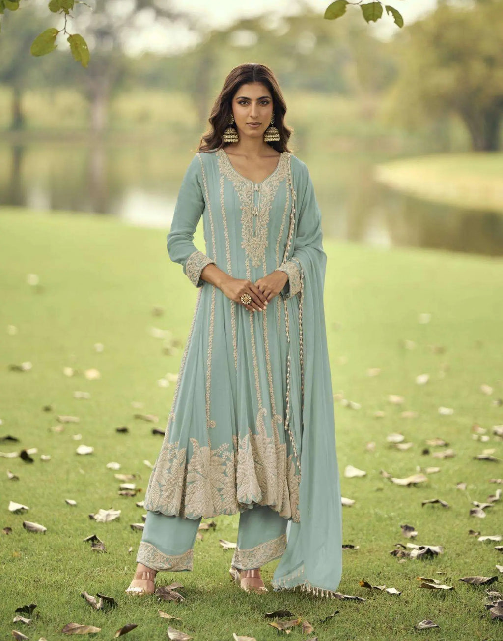 Sea Green Heavy Embroidered Georgette Short Anarkali Suit Set - View 1