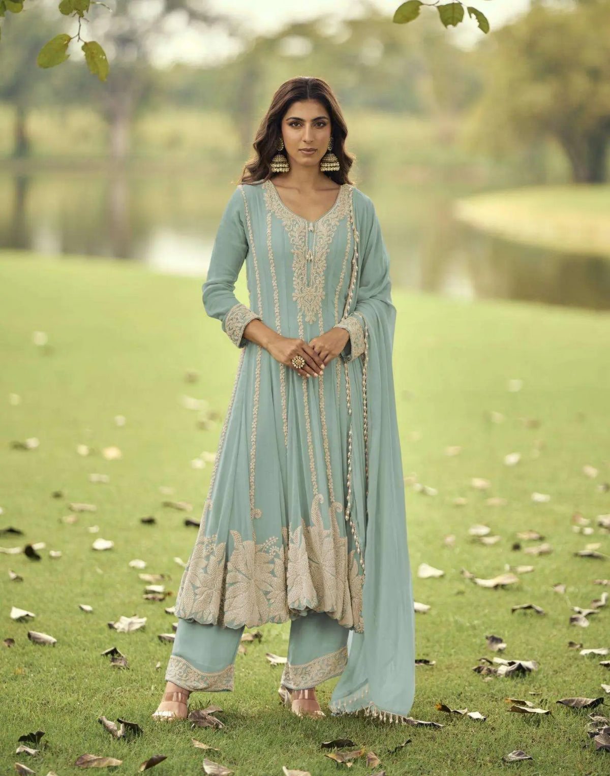Sea Green Heavy Embroidered Georgette Short Anarkali Suit Set - View 1