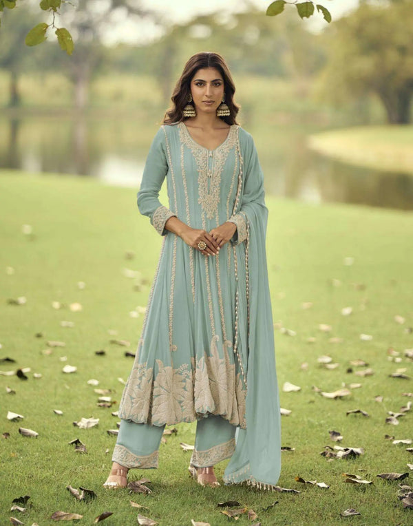 Sea Green Heavy Embroidered Georgette Short Anarkali Suit Set - View 1