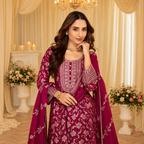 Magenta Viscose Jacquard Silk Embroidered Anarkali Suit
