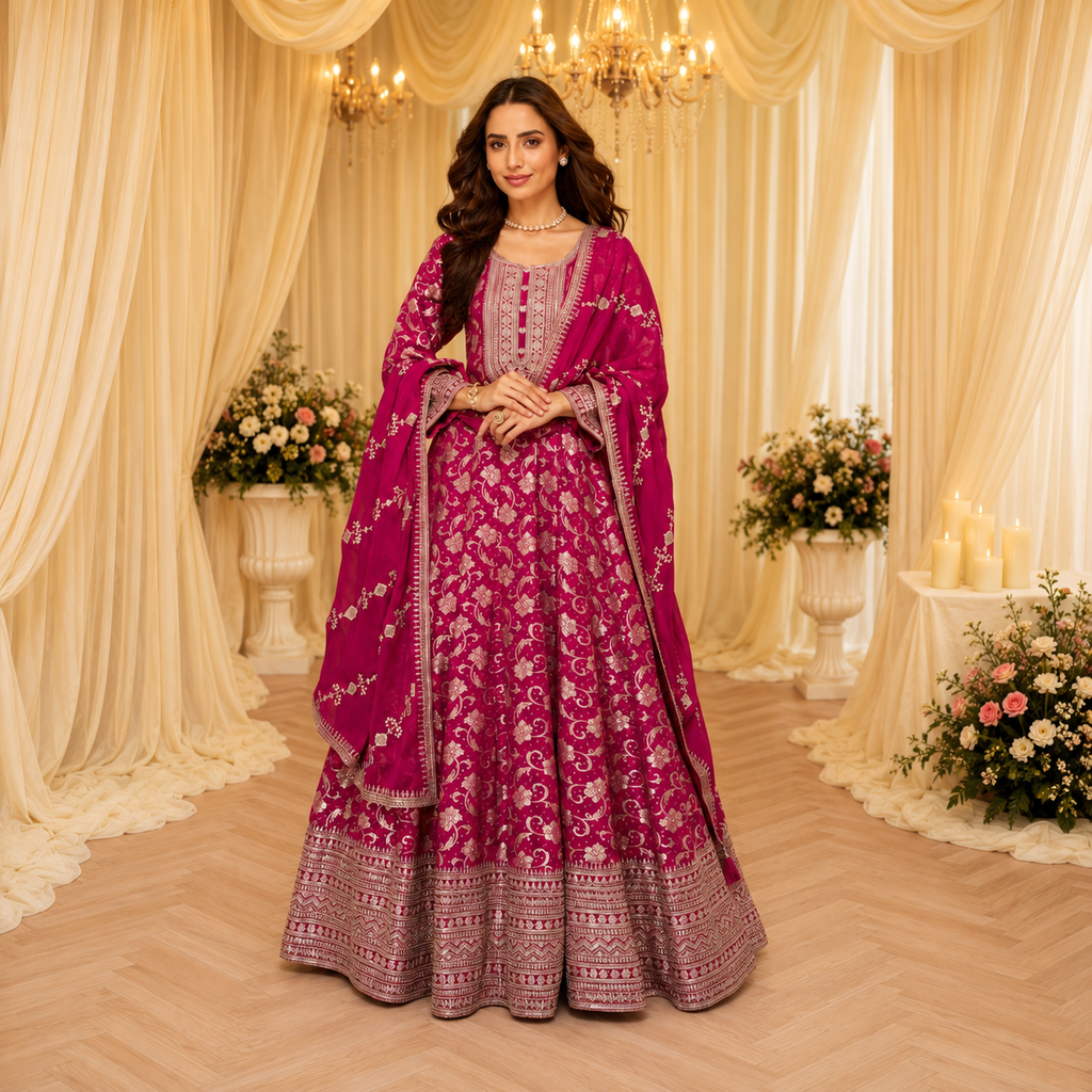 Magenta embroidered viscose jacquard silk Anarkali with dupatta