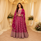 Magenta embroidered viscose jacquard silk Anarkali with dupatta