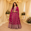 Rani Pink Pure Viscose Jacquard Silk Embroidered Anarkali Gown - Rani Pink