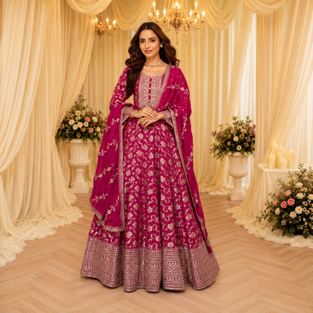 Rani Pink Pure Viscose Jacquard Silk Embroidered Anarkali Gown - Rani Pink