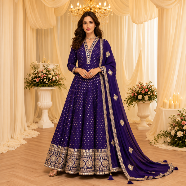Royal Purple Pure Viscose Jacquard Silk Embroidered Anarkali Set with Dupatta